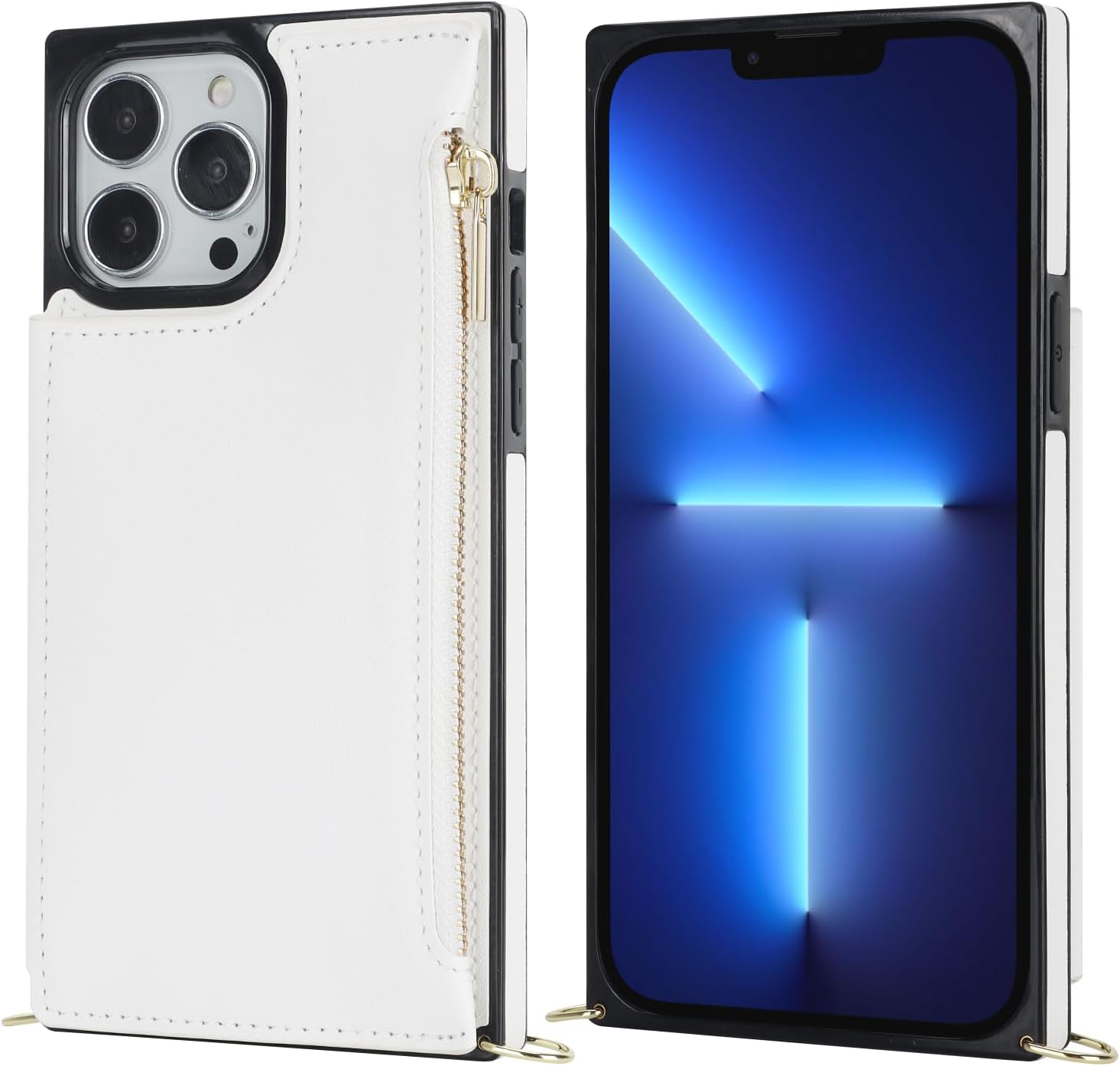 Bocasal Crossbody Wallet Case for iPhone 13 Pro Max with RFID Blocking Card Slot Holder, Magnetic Flip Folio Purse Case, PU Leather Zipper Handbag with Detachable Lanyard Strap 6.7 Inch 5G (White)