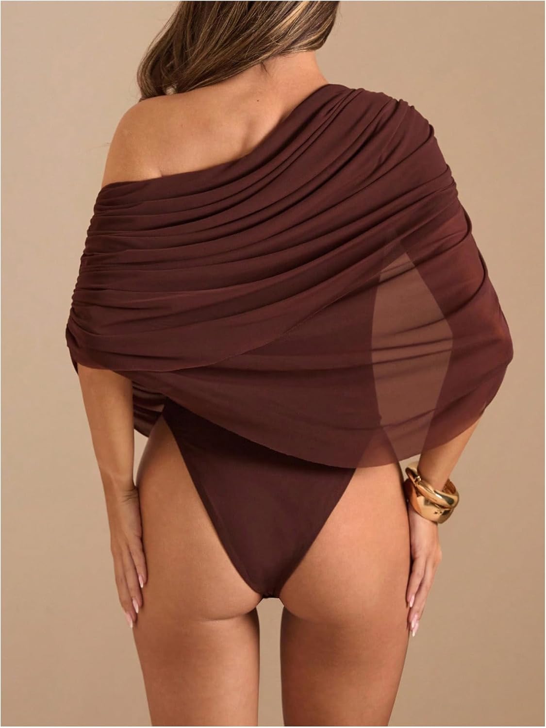 Milumia Women's Ruched Draped Mesh Off The Shoulder Bodysuit Asymmetrical Short Sleeve Leotard Tops - Image 3