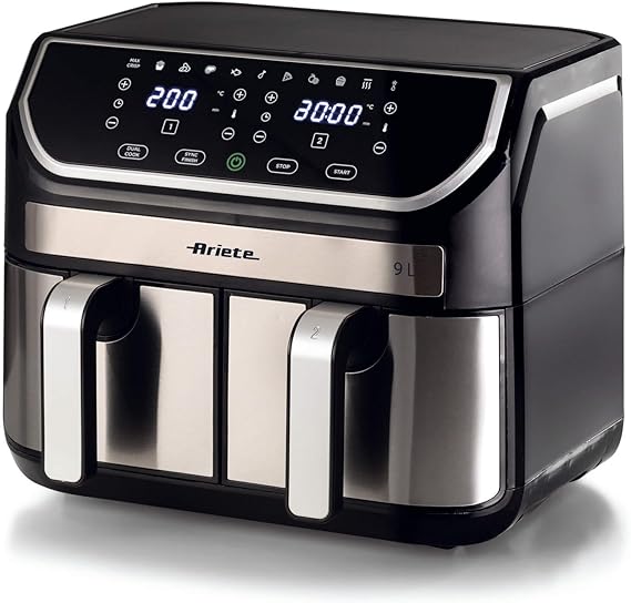 Ariete 4625 Friggitrice ad aria 9L, 2100W, Capacità 9L, Doppio cestello, Capacità di cottura 3,6kg, 11 programmi preimpostati, Funzione Max Crisp, Temperatura fino a 200°C, Antiaderente, Silver