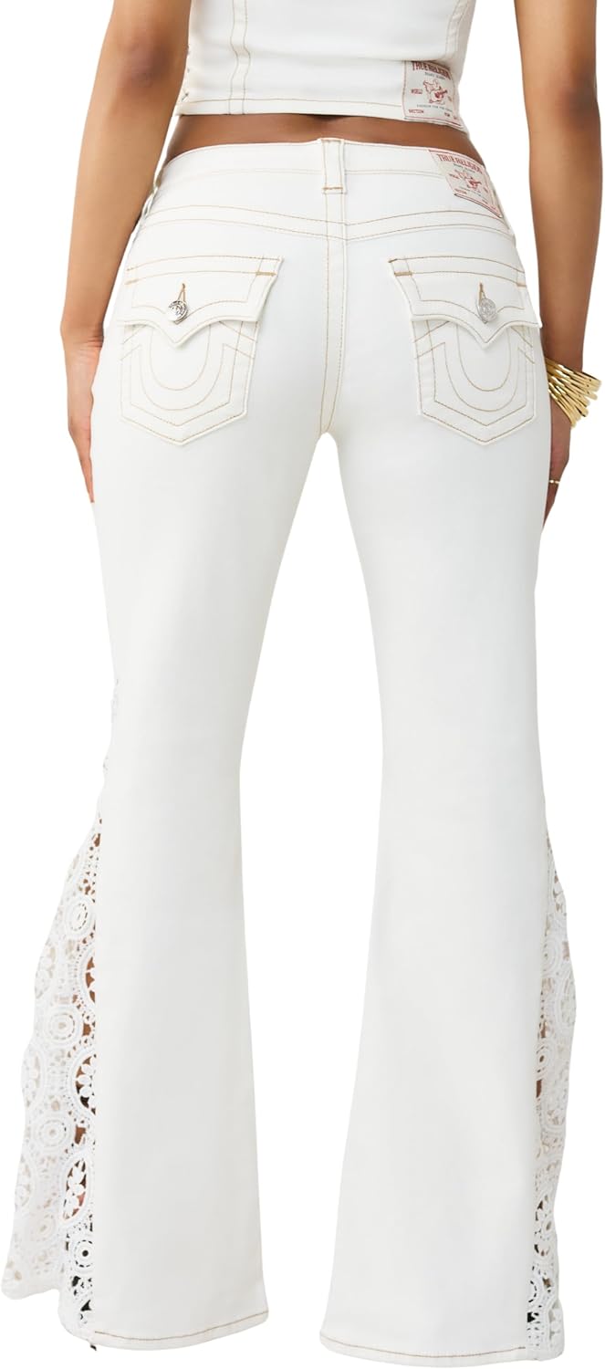 True Religion Women’s Crochet Mid Rise Flare Flap Jean – Mid Rise Fit, Stretch Denim, Boho Crochet Flare Detailing