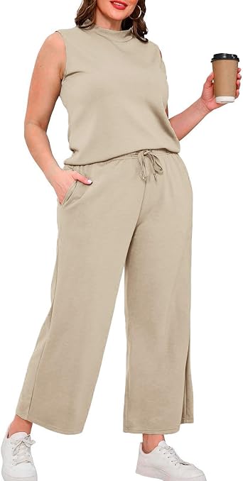 Two Piece Sets for Women Summer Outfits Lounge Sets Mock Neck Tops Wide Leg Crop Pants Vacation Travel Outfits