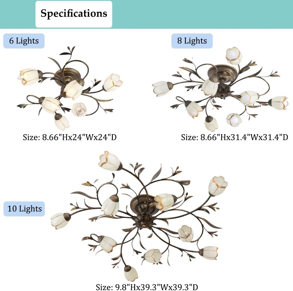 Flower Semi Flush Mount Ceiling Light, Rustic Ceiling Fixture with Frosted Glass Shade, Sputnik Chandelier for Kitchen Bedroom (6 Lights)