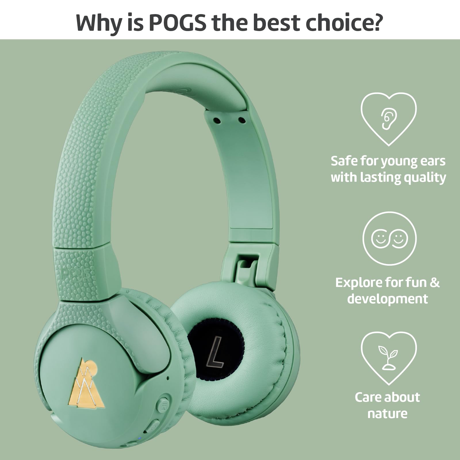 POGS The Gecko 2 - Auriculares inalámbricos Bluetooth para niños, plegables, duraderos para niños a partir de 3 años, volumen limitado de 85 dB, micrófono, supraaurales, función inalámbrica para