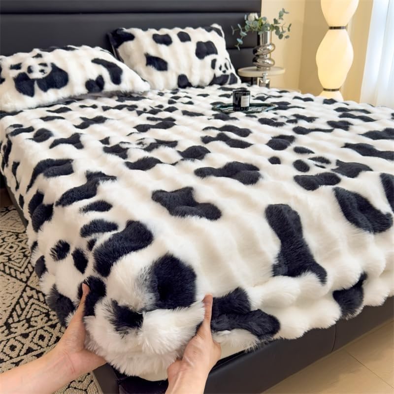 Fitted Sheet Full, Fluffy Thickened Fitted Sheet，Flannel Warm Tie Dyed Mattress Cover, with 11" Deep Pocket, No Pillowcases(Panda,King70 x78)