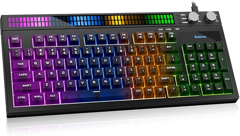 Quiet Wired Gaming Keyboard, 94-Key Compact RGB Keyboard with Sound-Reactive Light Bar, Dual Control Knobs, 19-Key Anti-Ghosting, Numpad, for PC/PS5/Xbox/Mac, Black