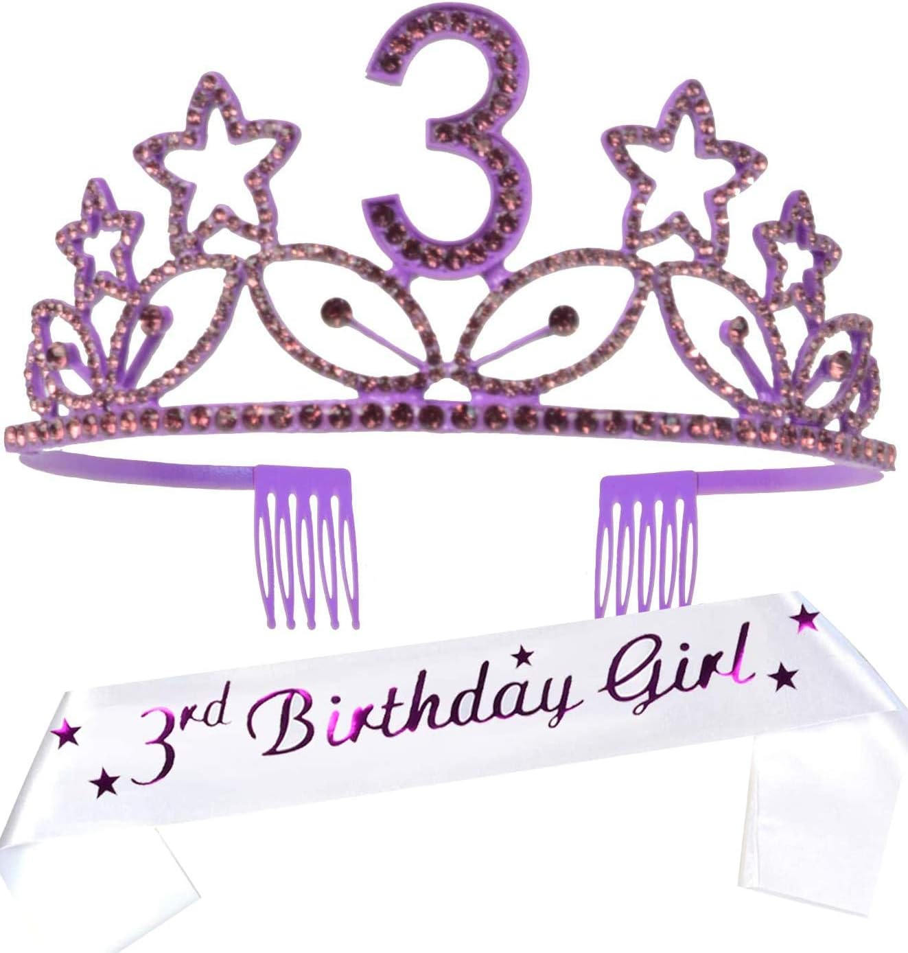MEANT2TOBE 3rd Birthday Sash and Tiara for Girls - Fabulous Glitter Sash + Stars Rhinestone Purple Premium Metal Tiara for Girls, 3rd Birthday Gifts for Princess Party