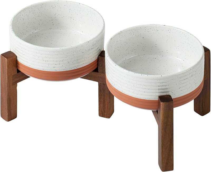 Comedouro elevado de cerâmica para cães Havniva com suporte de madeira de acácia – 2 alturas