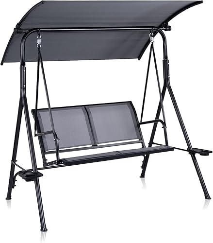 Backyard Expressions - Columpio para patio para 2 personas con tela gris y marco de metal negro, capacidad de peso de 450 libras