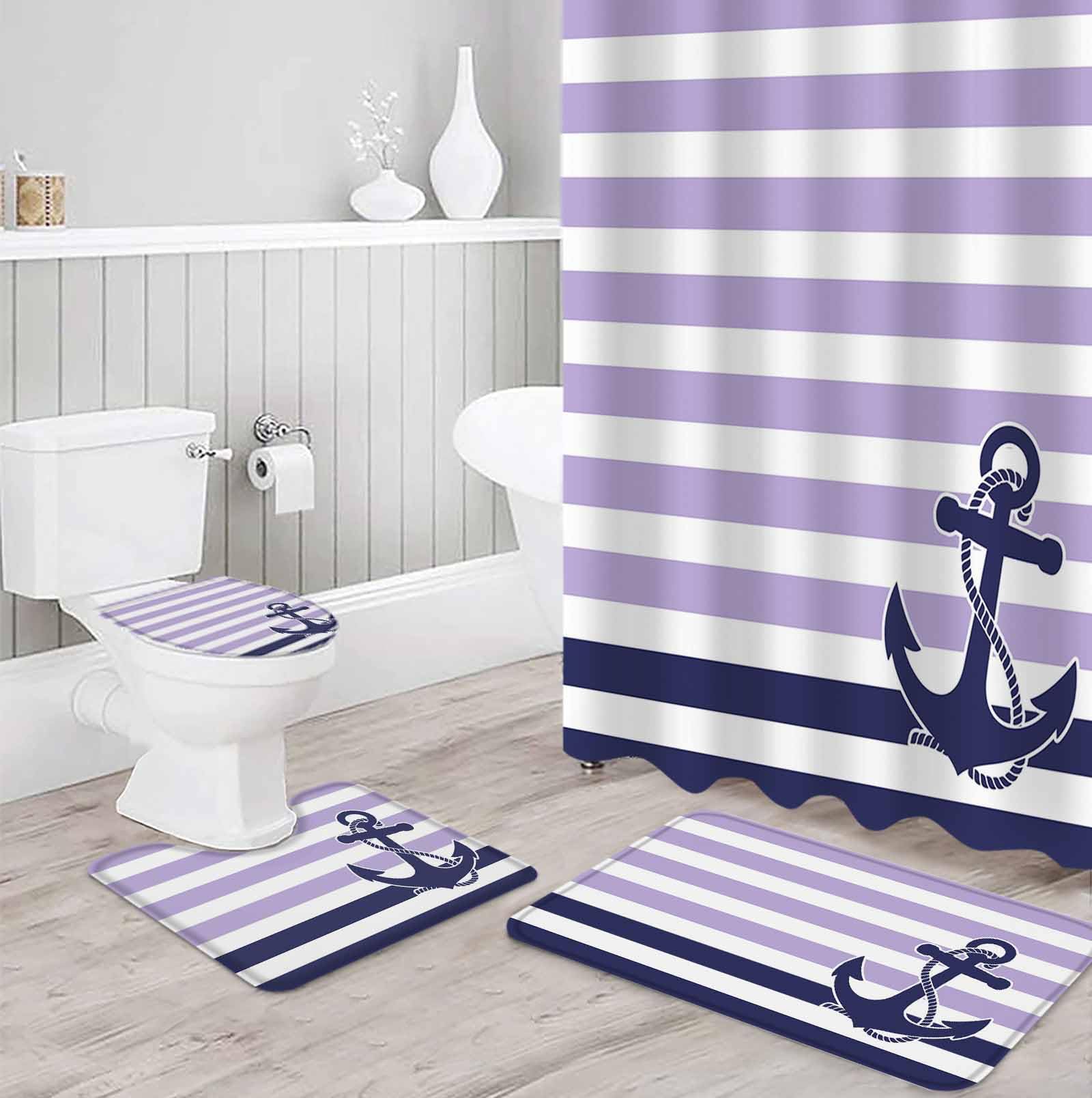 Anchor Purple Bathroom Set with Shower Curtain and Rug Accessories - 72x72 Inches Long Modern Navy Blue White Striped Nautical Bathtub Curtain Waterproof with Large Bath Mat,Washable Runner Rug Set