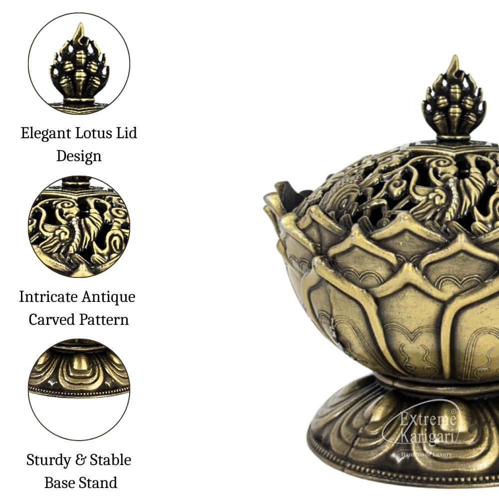 Extreme Karigari Antique Brass Incense Cone Burner with Lid – Decorative Metal Dhoop Batti Holder for Home Temple, Pooja Room, Meditation & Aromatherapy | Loban Bakhur Daan 1
