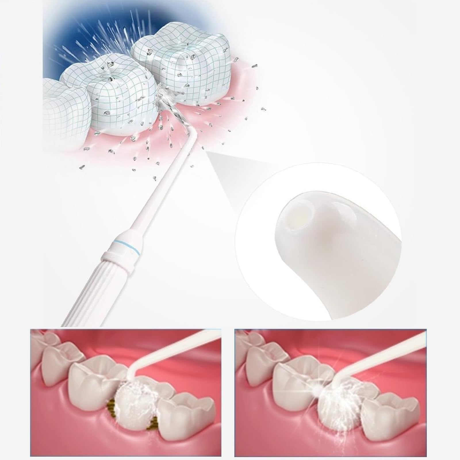 Idropulsore dentale per la pulizia dei denti, non elettrico, si collega direttamente al rubinetto (include 3 ugelli e 3 spazzolini da denti) - Bianco
