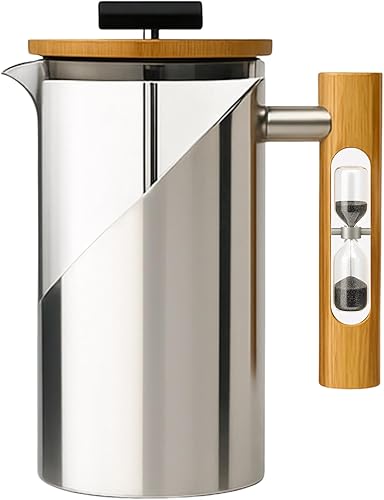 | cafetera de prensa francesa | temporizador de reloj de arena | prensa de café | (plata, acero inoxidable)