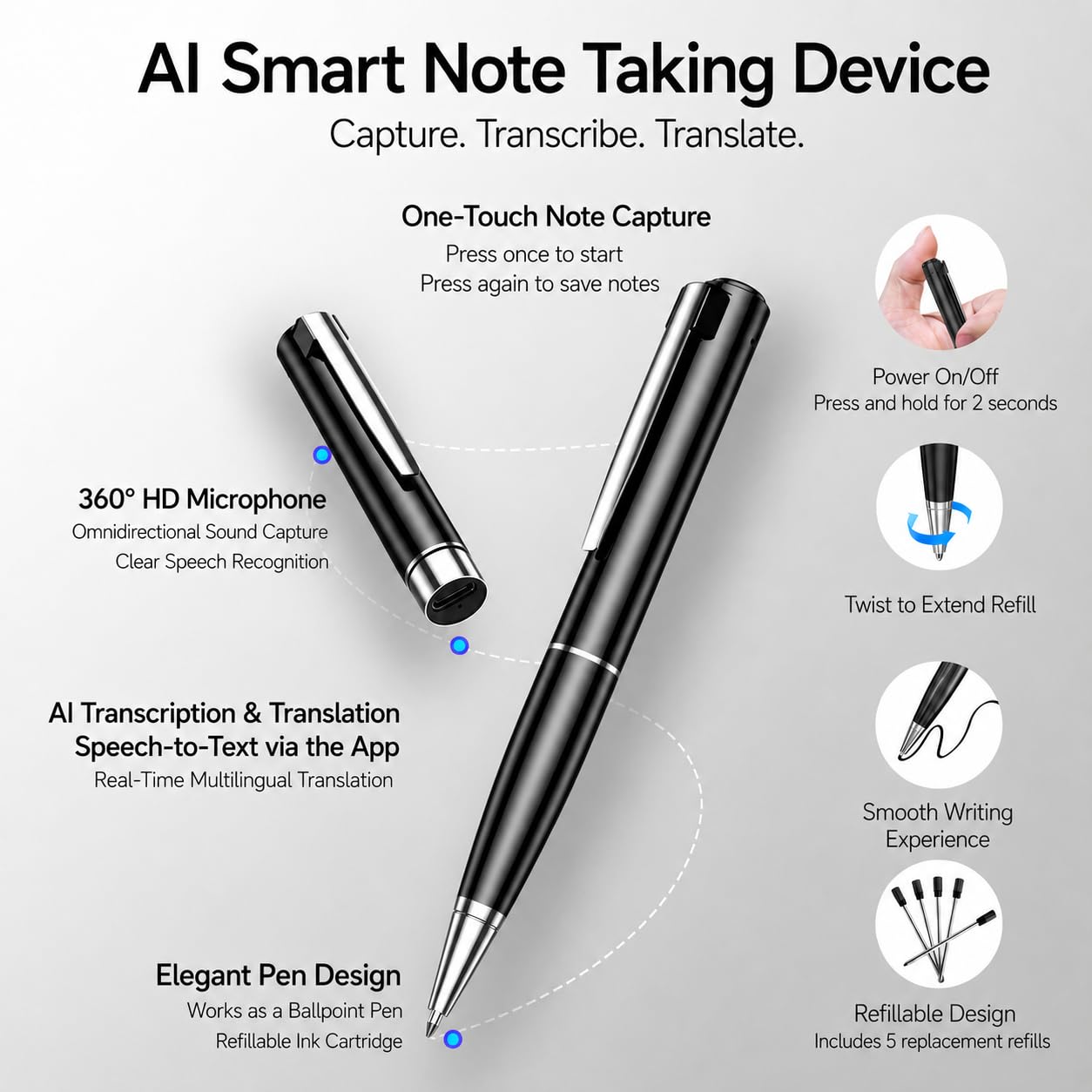 SKARA Grabadora de Voz IA, AI Voice Recorder con Transcripción en 150 Idiomas, Resumen IA y Mapas Mentales, Mini Grabadora Digital Inteligente con App para Reuniones, Clases y Entrevistas