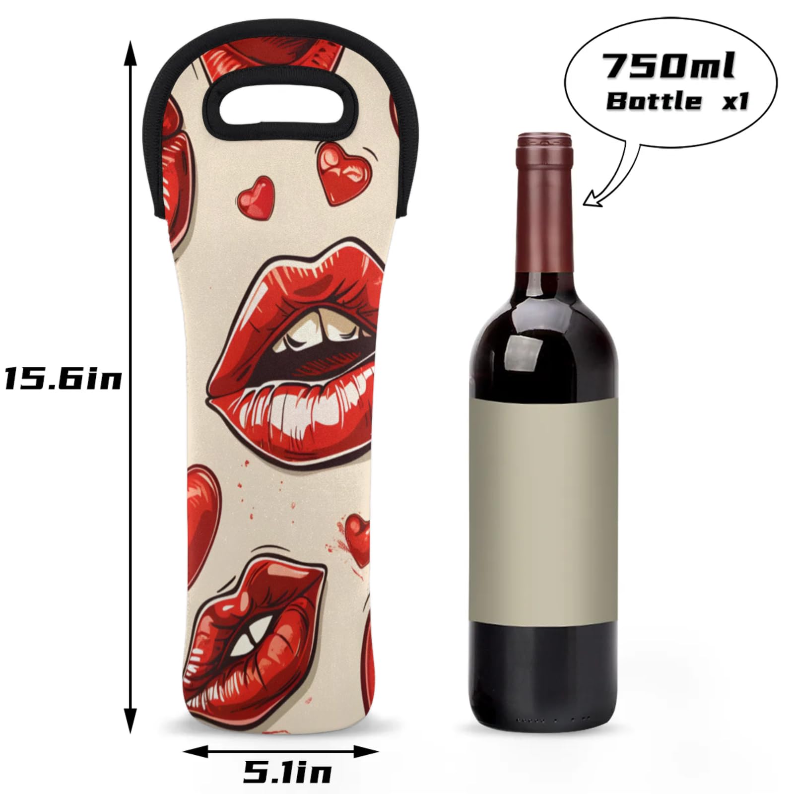 Neoprene Wine Tote Carrier Bag for Wine,Water, Champagne, Beer, Baby Bottles 15.6 x 5.1 Inches, Protective Wine Bag,Red Lips