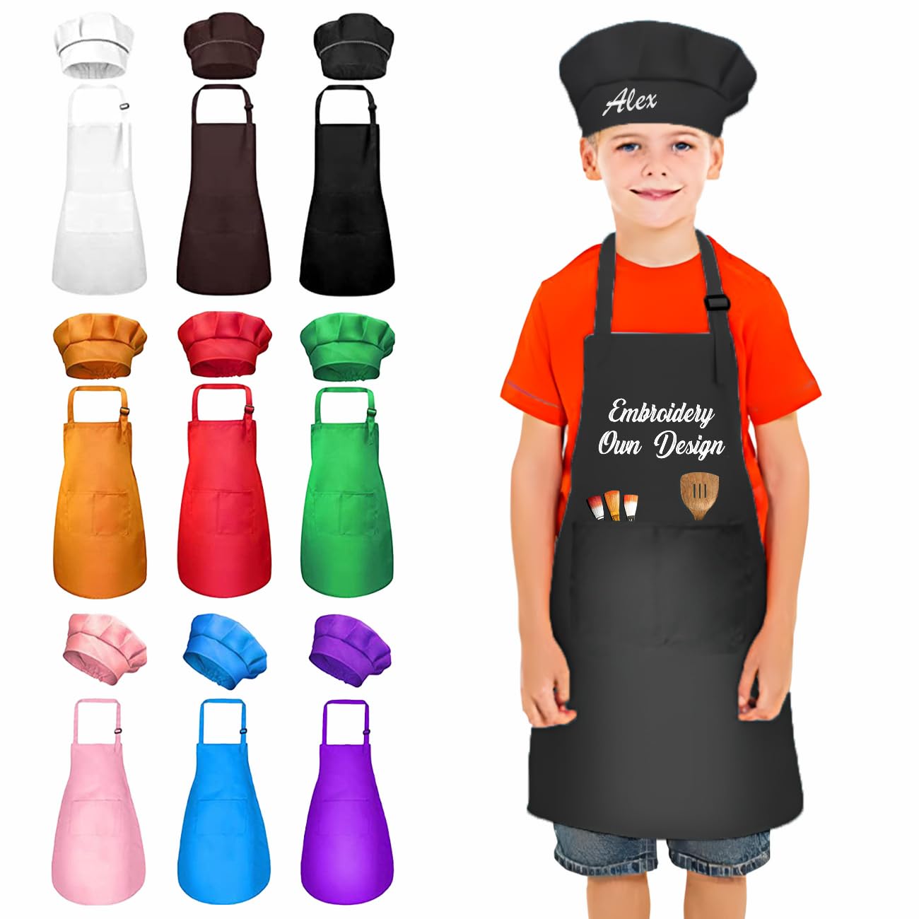 Colifolu Personalised Kids Apron with Embroidered Name,Customisable Cooking Baking Role Play Chef Hat for Children & Adults (Black)