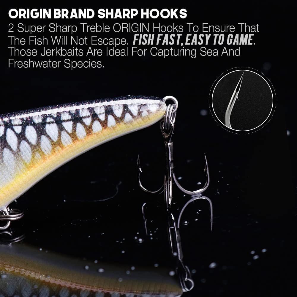 HUFFA Juego de 5 señuelos de Pesca Jerkbait, señuelos Wobblers Que se Hunden, señuelos for lucios, cebos Artificiales Jerkbait, Aparejos de Pesca de lubina con Caja