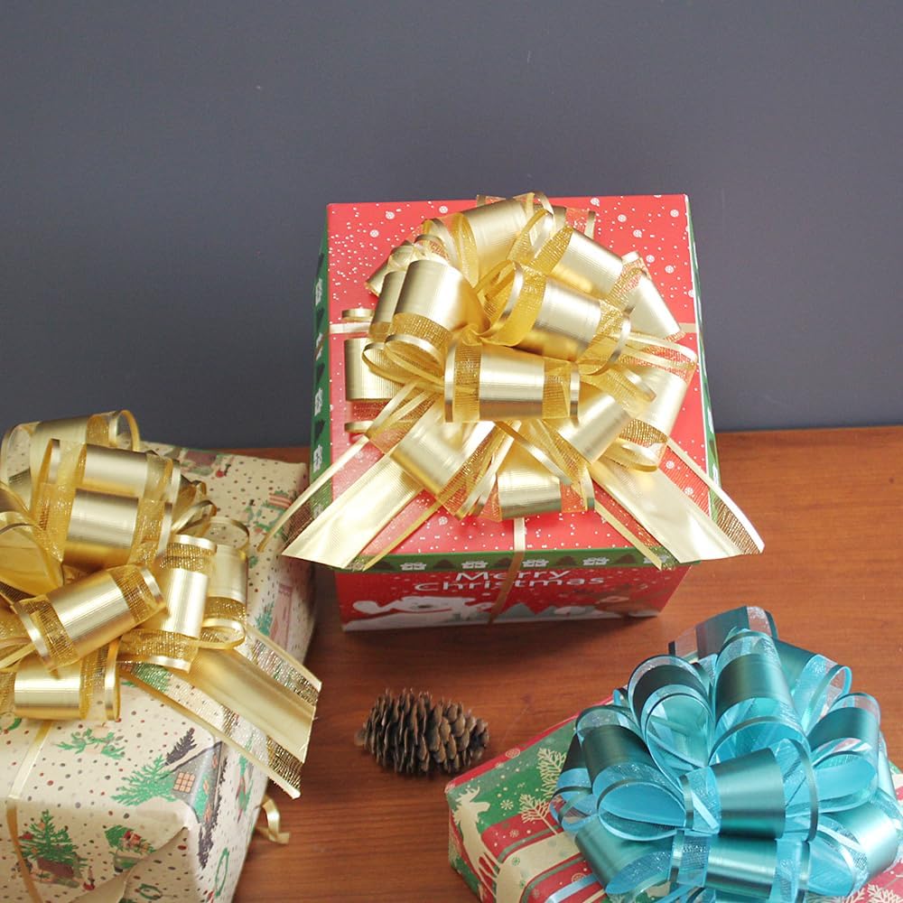6 PCS Pull Bow Gift Wrapping,6 Inch Gold Pull Bow for Gifts Wrapping Party Birthday Holiday Gift Boxes Bow Basket Packaging Bows for Valentine's Day Presents Flower Decorations (Bright Gold) - Image 3