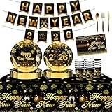  Articles de Fête du Nouvel An, Ensemble de Vaisselle Noir et Or 52 pièces, Tasses, Assiettes Jetables, Serviettes, Nappe et Bannière, Décorations de Table du Réveillon Parfaites pour la Soirée du Nouv