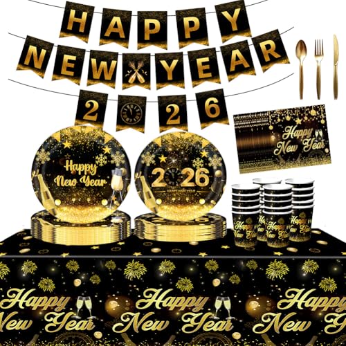 Articles de Fête du Nouvel An, Ensemble de Vaisselle Noir et Or 52 pièces, Tasses, Assiettes Jetables, Serviettes, Nappe et Bannière, Décorations de Table du Réveillon Parfaites pour la Soirée du Nouv