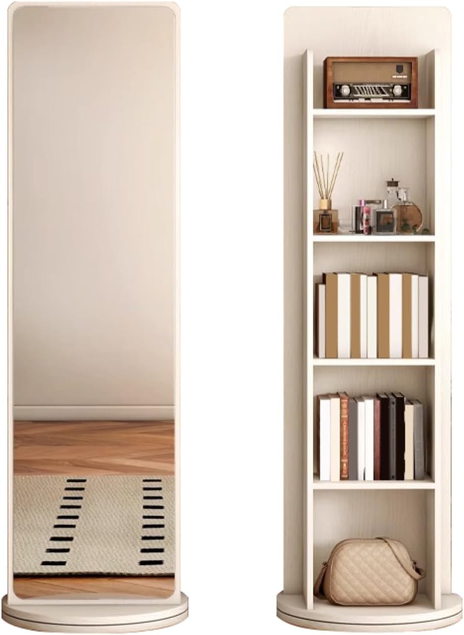 360º Swivel Full Length Mirror with 4-Tier Bookcase, Rotating Mirror with Shelves, 66.1×15.7in Full Body Standing Mirrors and Storage Rack for Bedroom, Living Room