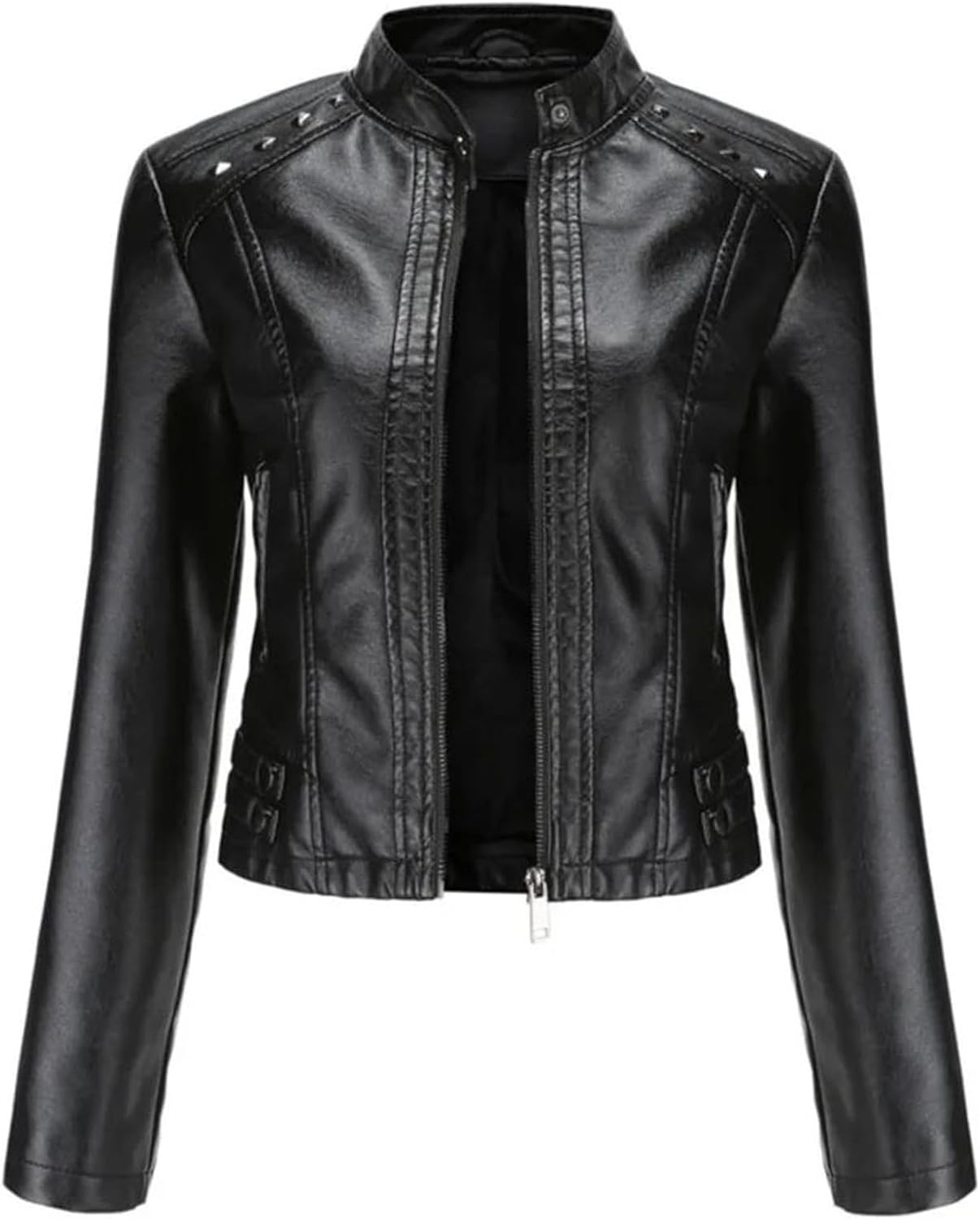 Women Sring Autumn Black Faux Leather Jackets Zipper Rivet Short Basic Coat Fashion Slim Motor Biker Pu Jacket