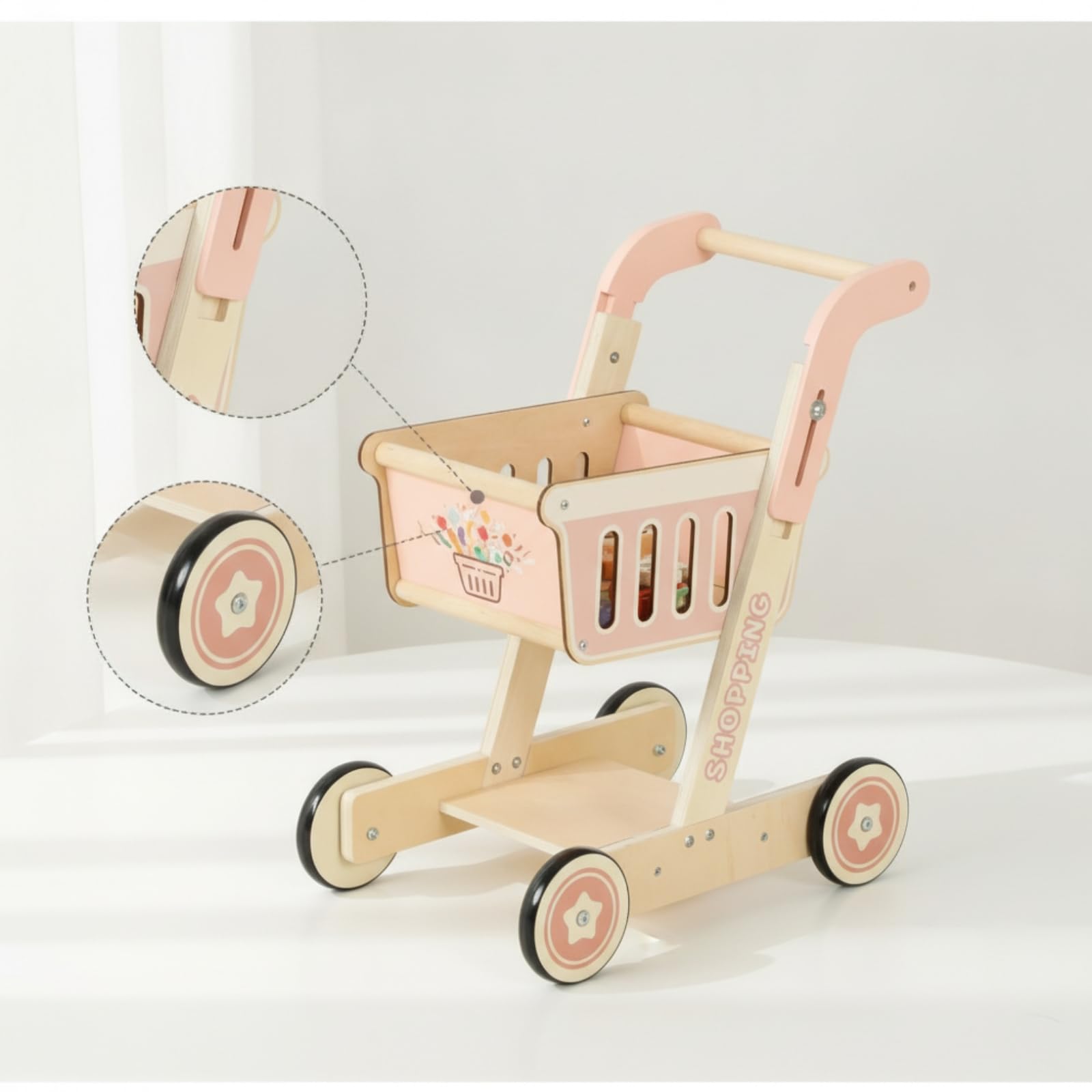 Sharplace Kinder Einkaufswagen Holz Spielwagen Kinder Einkaufs Spielzeug mit Justierbarer Griffhöhe 495cm Bis 57cm Rechteckiger Aufbewahrungskorb Und Unterer