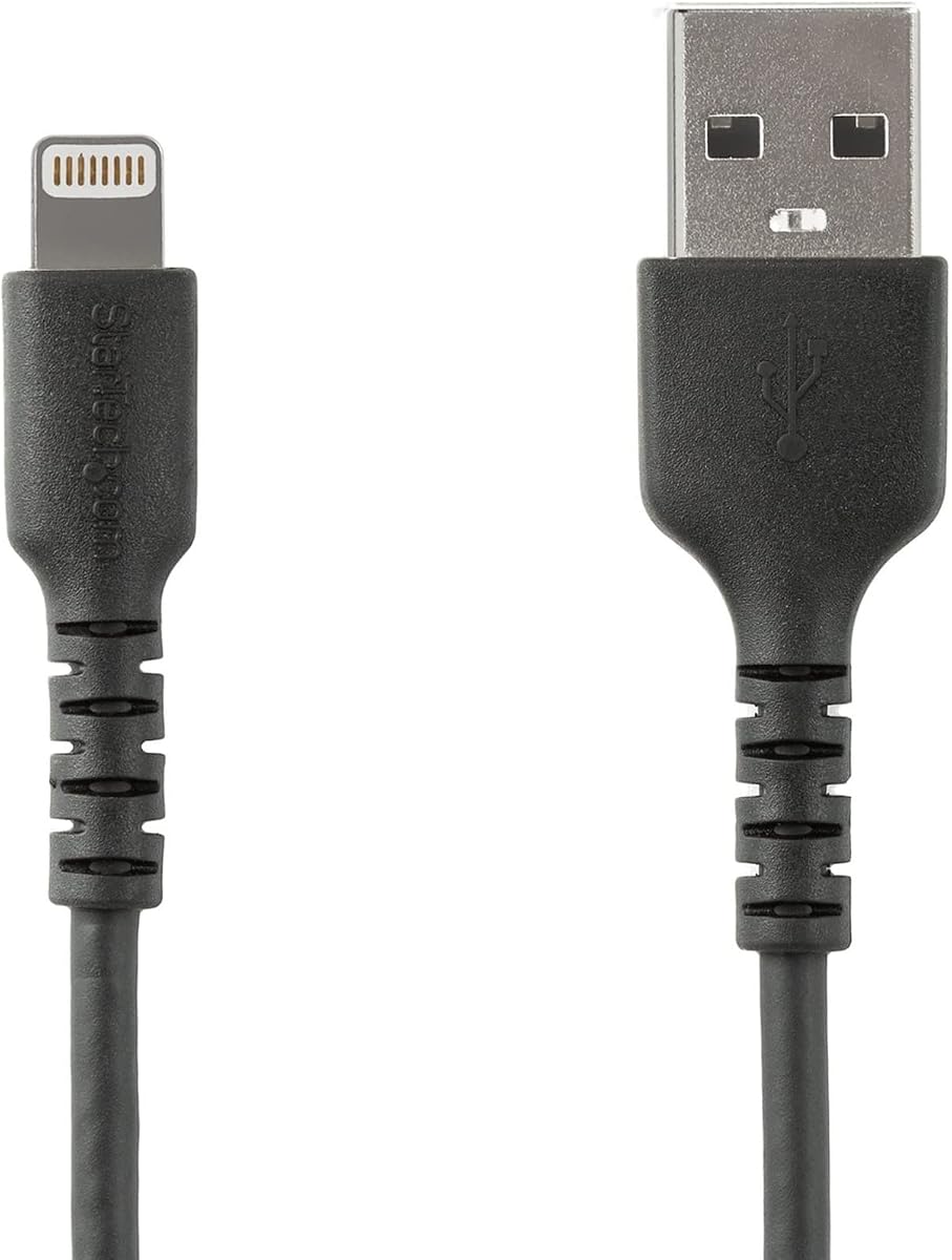 StarTech 3.3ft/1m Rugged USB-A to Lightning Cable, Black (RUSBLTMM1MB) | Heavy-duty aramid fiber, USB 2.0 480Mbps, Apple MFi Certified, Charge & sync, TPE jacket, Power Cord, For iPhone iPad, Type