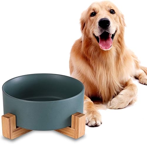 Miniatura 8 de Cuenco de cerámica para perros con soporte de bambú, plato grande para alimentos y agua, pesado, sin volcar, 8.4 pulgadas de diámetro, color blanco