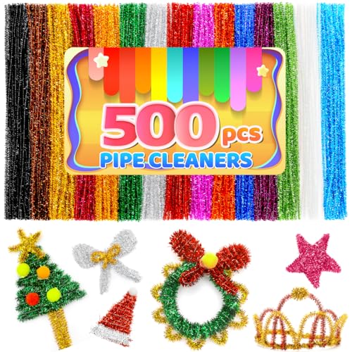 Image of IOOLEEM 500pcs Glitter Pipe Cleaners for Christmas | Chenille Stems for DIY Flower Making & Festival Decor & Party Projects, Pipe Cleaner Crafts, Art and Craft Supplies