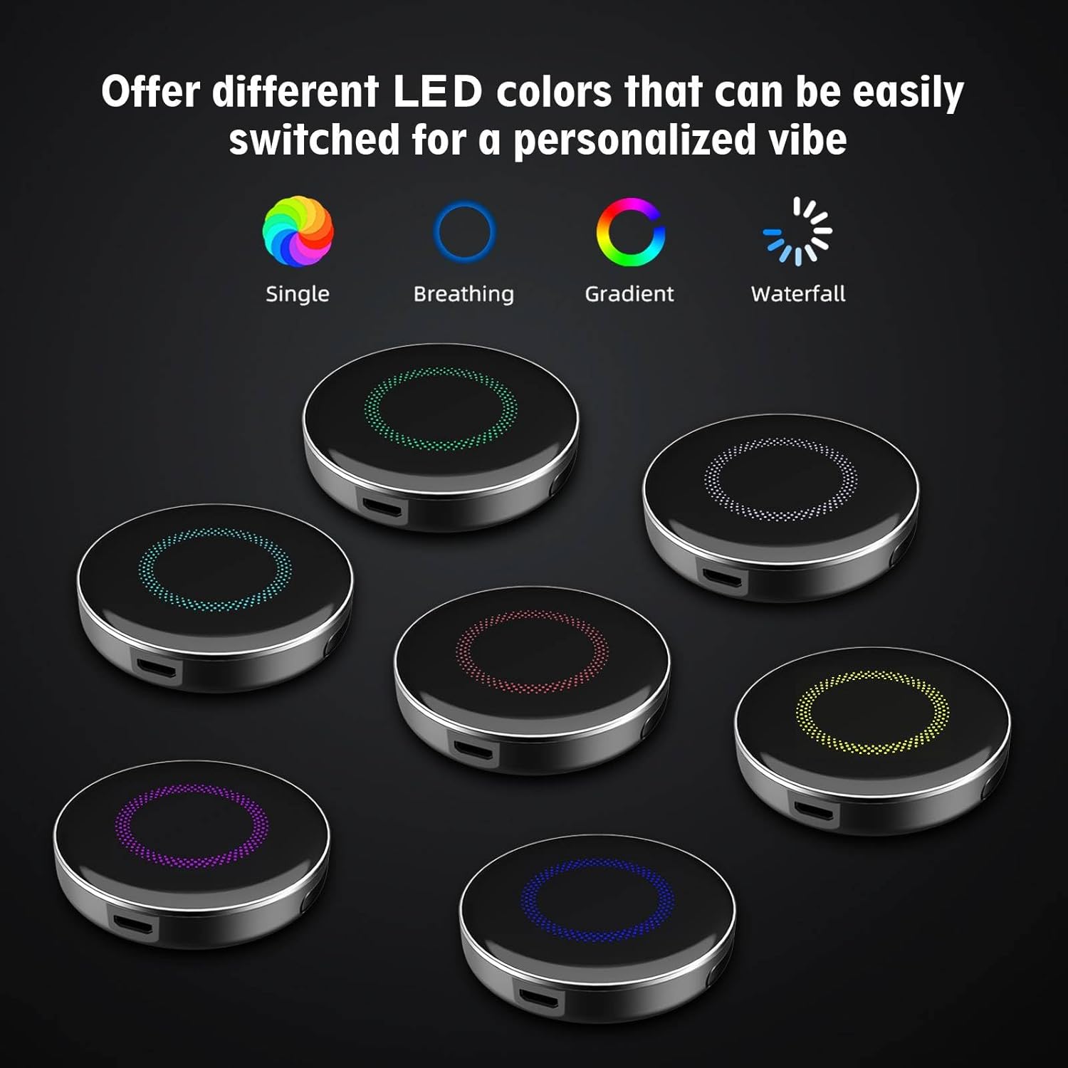 OneCarStereo CarPlay Ai Box HE Pro displaying various LED ambient light colors and patterns.