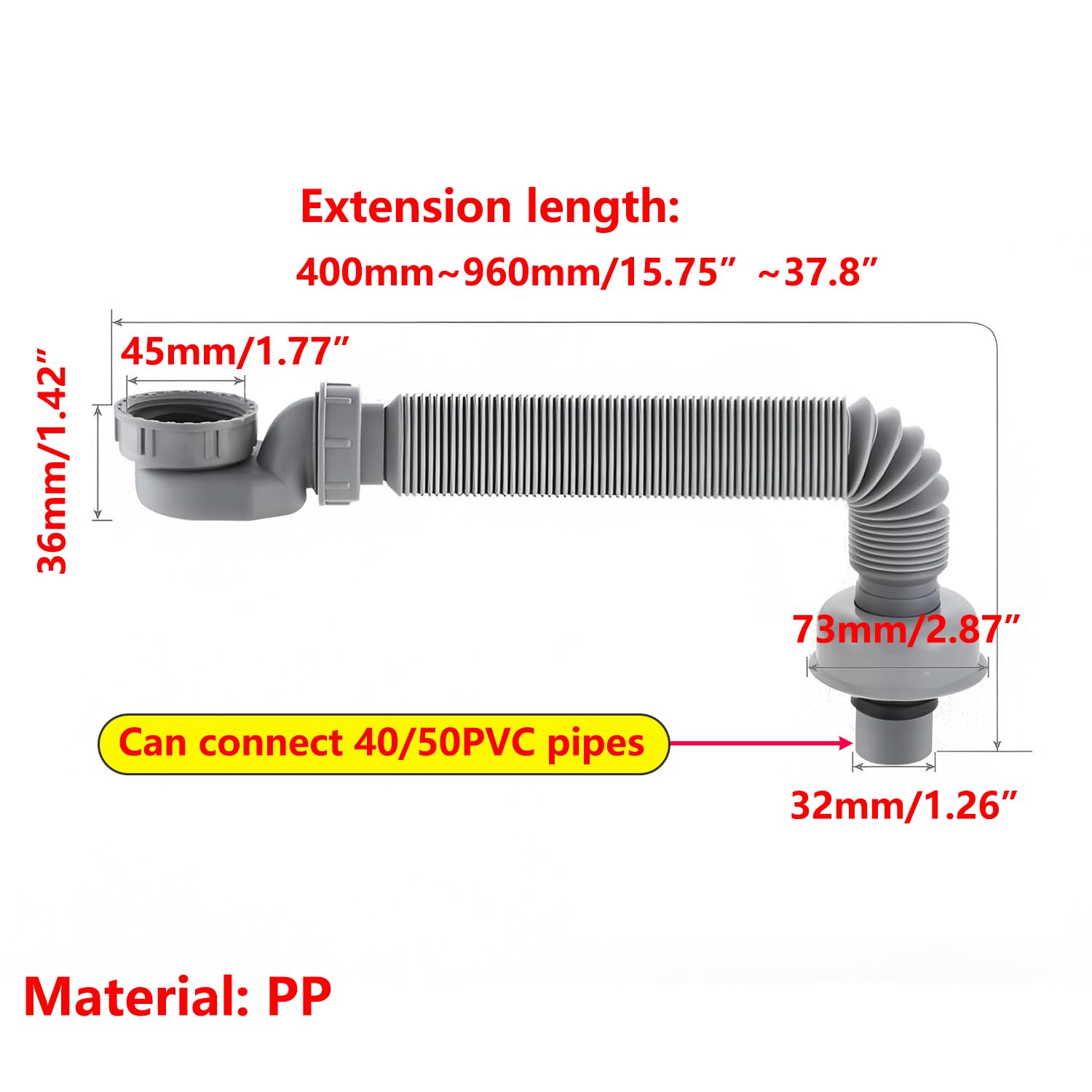 Qrity 1 Pieza Tubo de Drenaje de Bañera, Extensible 400mm-960mm Drenaje Independiente para Bañera, Trampa de Perfil Bajo de P