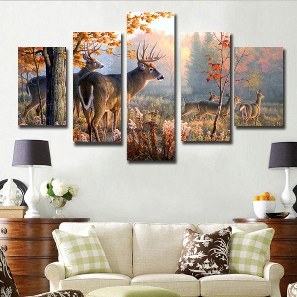 DXYJUYI Brown 5 Panel Wall Art Painting Deer In Autumn Forest Pictures Prints On Canvas Animal The Picture Decor Oil For Home Modern Decoration Print Framed Ready to Hang