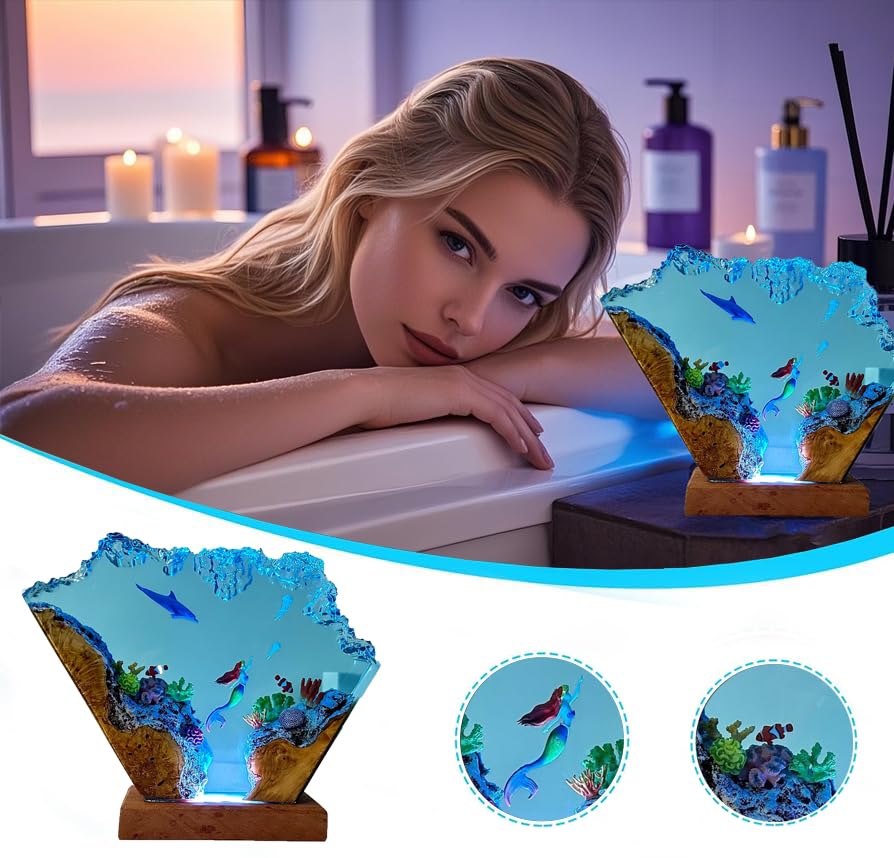 Image of FOTN Mermaid Resin Lamp Ocean Epoxy Resin Night,The Underwater World Landscape Night Lamp with USB Port for Office Decoration, Bedroom Decoration (Mermaid-2,8 inches)