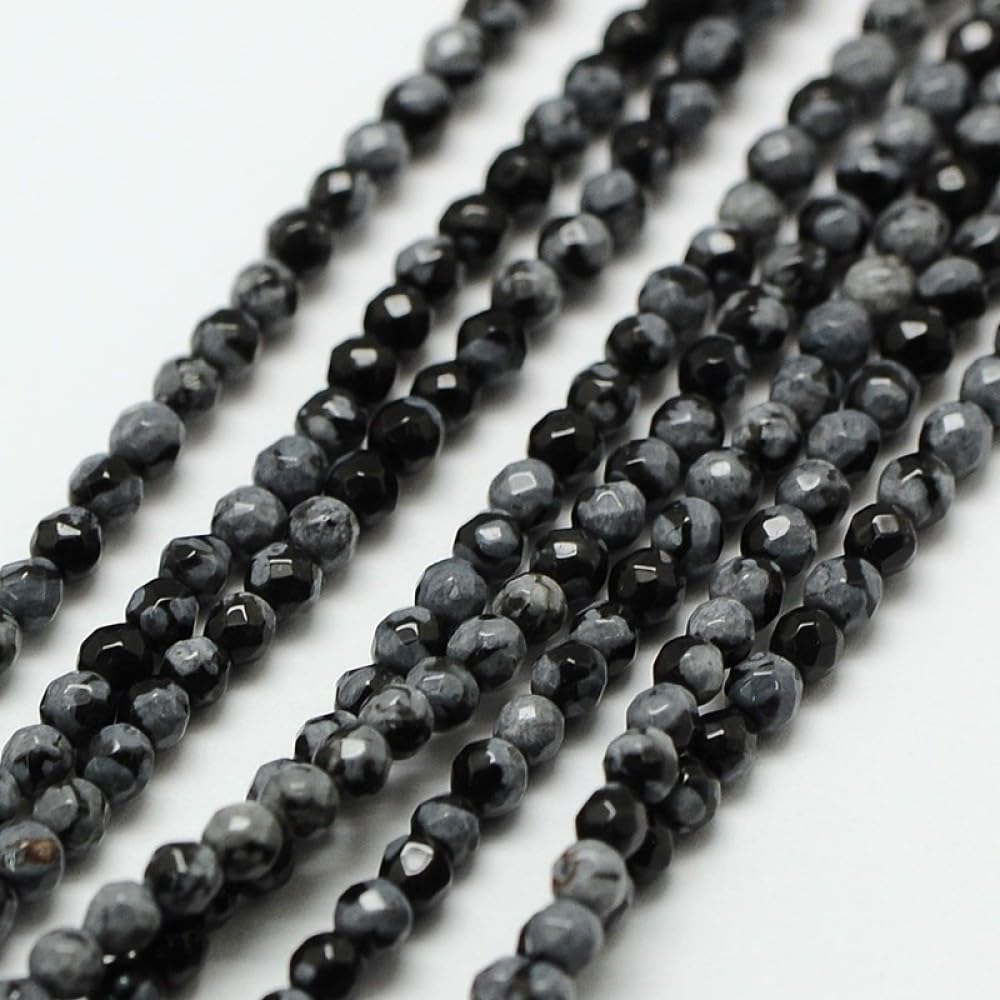 Airssory 130 Pcs 3mm Natural Snowflake Obsidian Bead Strands Faceted Round Small Loose Crystal Gemstone Bead Spacer for DIY Jewelry Making Crafts