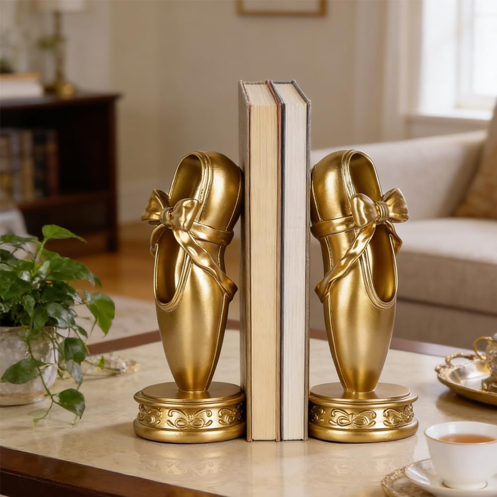 Bookends for Shelves, Gold Ballet Slipper Decorative Bookends- Anti-Slip Pad, Resin Vintage Heavy Book Ends for Shelves, Home Office，Girls Room Decor, for Lovers Dancers