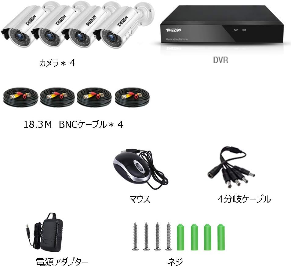 Diagram showing all components included in the TMEZON security camera system package: 4 cameras, 1 DVR, 4 BNC cables, 1 mouse, 1 four-way splitter cable, 1 power adapter, and screws.