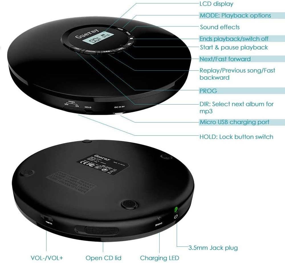 Exсluѕіvе Dіѕсоunt 90% Prісе Portable CD Player 1400mAh CD Walkman Gueray Rechargeable CD Player Portable CD Discman Personal CD Player with Headphones Jack USB Supply CD Music Disc with LCD Display (Black)