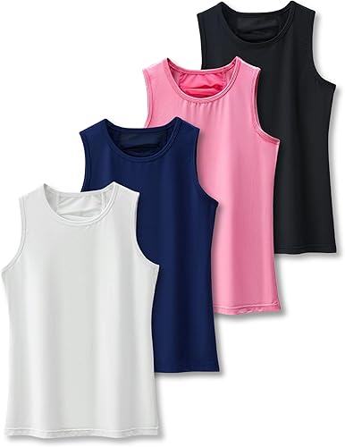 Paquete de 4 camisetas deportivas sin mangas para niñas y jóvenes, ajuste seco, con tecnología de rendimiento activo
