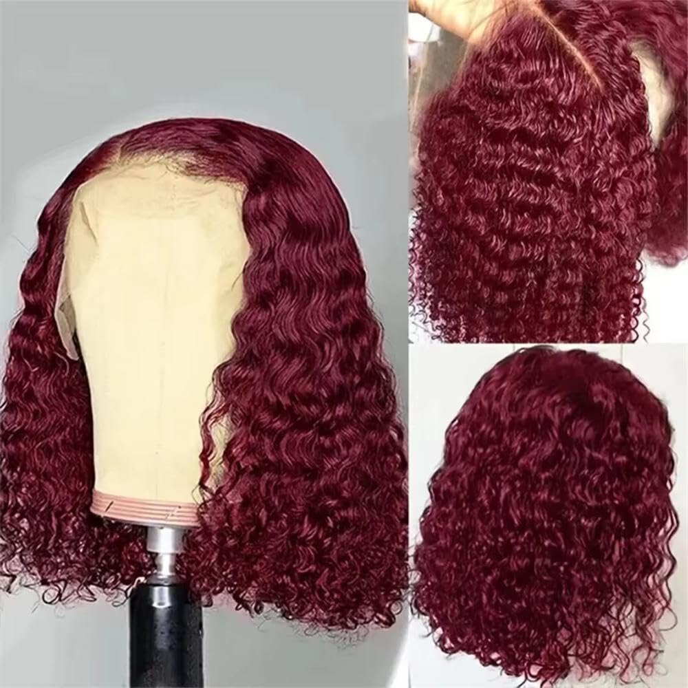 Haarpflege Burgunderrote Kurze Wasserwellen-Bob-Perücke 100% Echthaar 13 X 4 Lace-Frontal-Perücken 220% Dichte(220 Density,12inches)