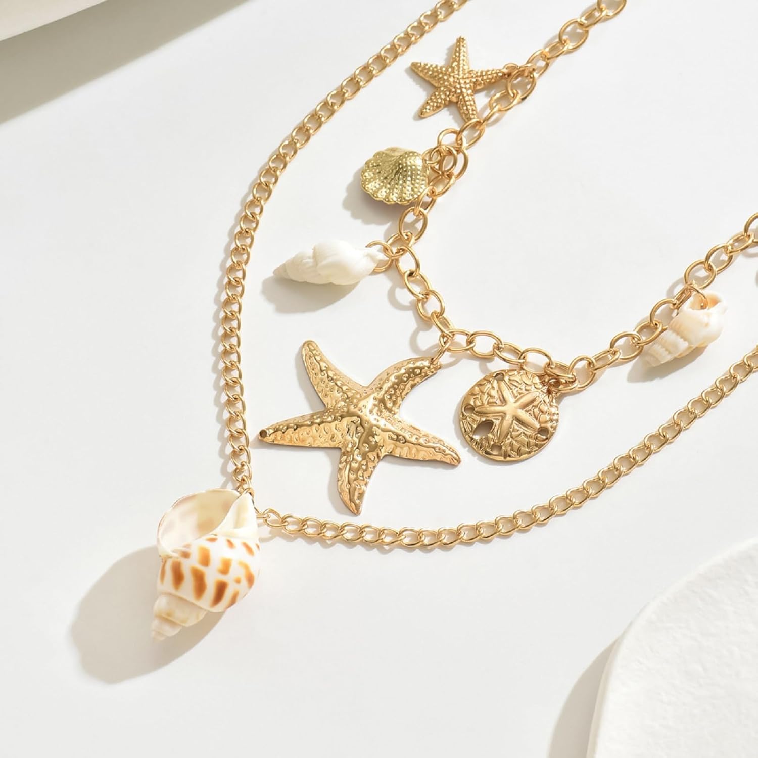 Gold Shell Necklace for Women Dainty Pearl Starfish Charm Necklace Layered Cute Starfish Chain Necklaces Chunky Gold Sea Snail Pendant Necklaces Boho Summer Vacation Jewelry Accessories - Image 3