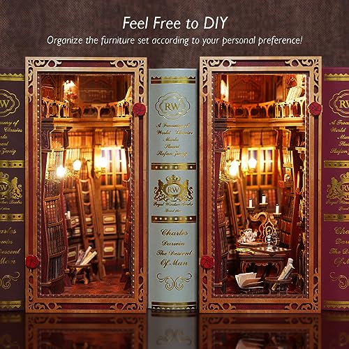 JOOHOUR DIY Book Nook Kit, Beauty and The Beast, Dollhouse Miniature, Booknook Bookshelf Insert Decor Alley 3D Wooden Puzzle, Bookends Model Building Kit with LED Light for Adults, Enchanted Library - Thumbnail 5