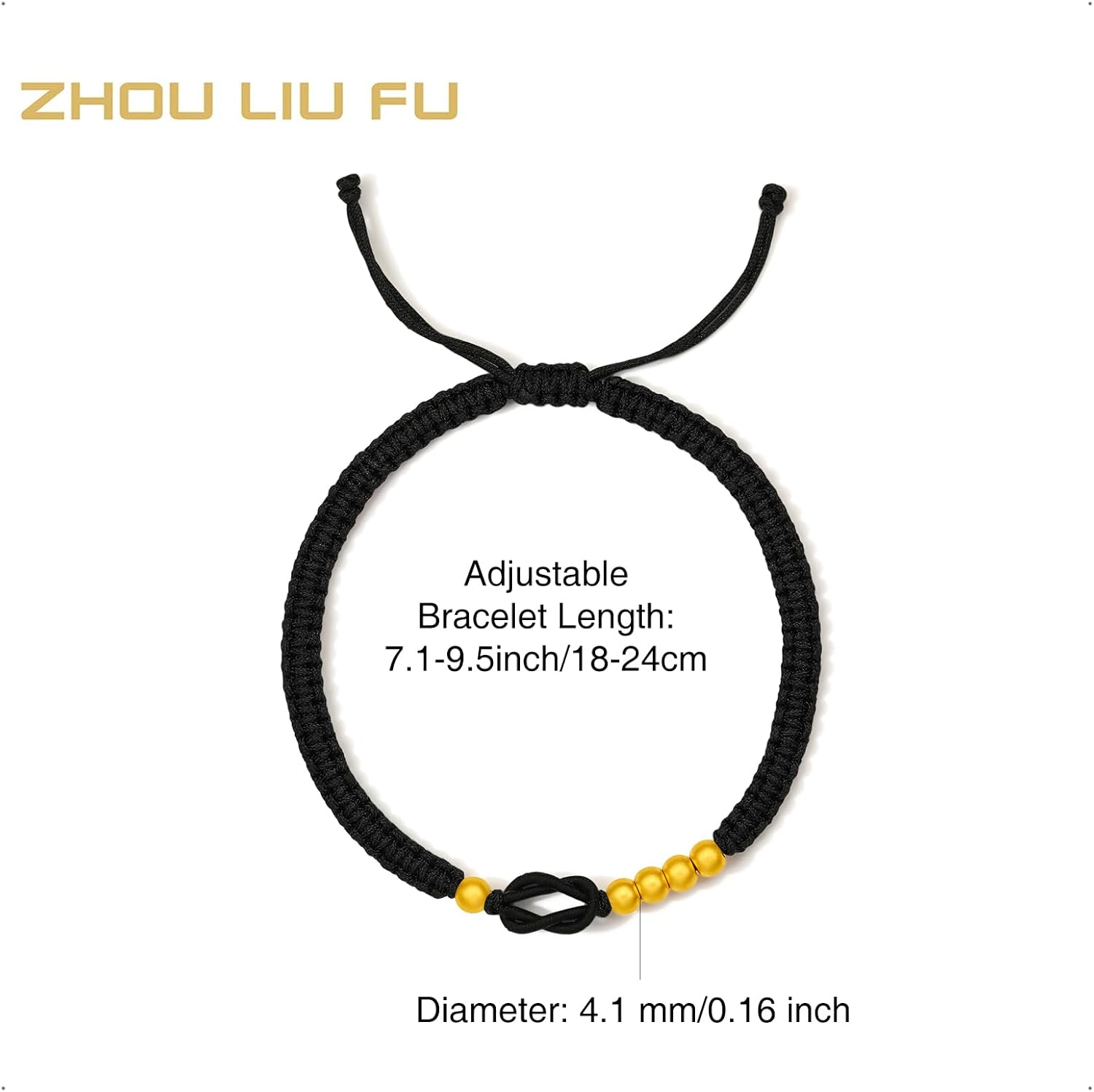 24K 999 Solid Gold Bracelet Round Bead Gold Charm Black Braided Bracelet for Women Men Couple Lover Jewelrys Valentine Anniversary Birthday 7.1-9.4" - Image 2