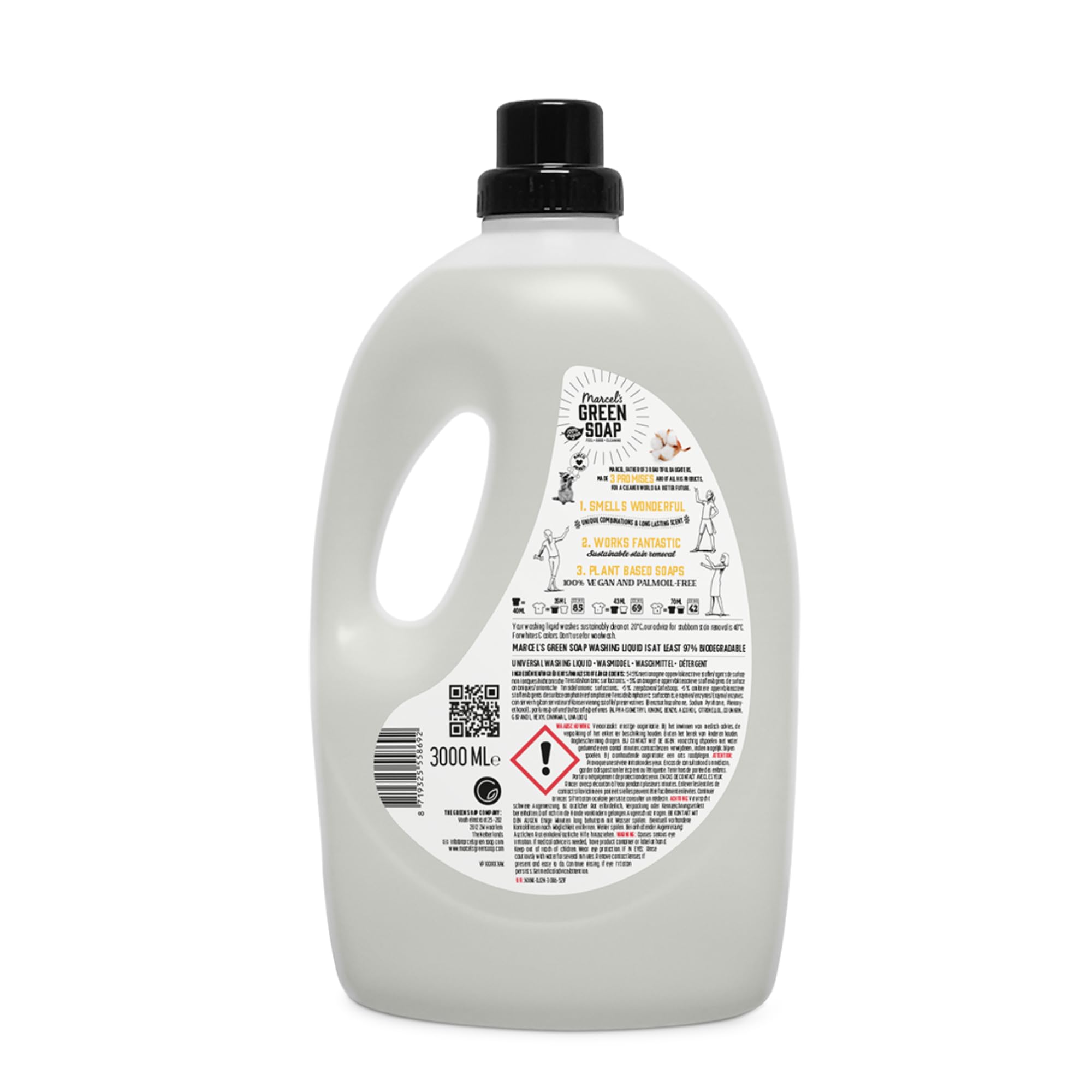 Marcel's Green Soap Universalwaschmittel Vanille & Baumwolle - Vorteilspack - Weiße und bunte Wäsche - Vegan - Mikroplastikfreie Formel - 100% recycelte Plastikflasche - 276 Waschgänge - 3L (4er Pack)