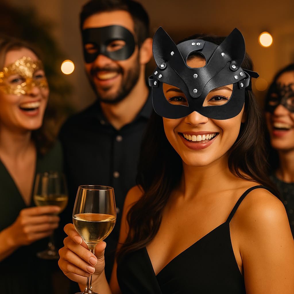 NAOPSY Leather Cat Mask Cat Eye Mask Masquerade Mask Cat Face Mask Giant Cat Mask Cat Masks for Adults Kids Black Cat Cosplay Cat Woman Accessories Halloween Costumes for Women Cat