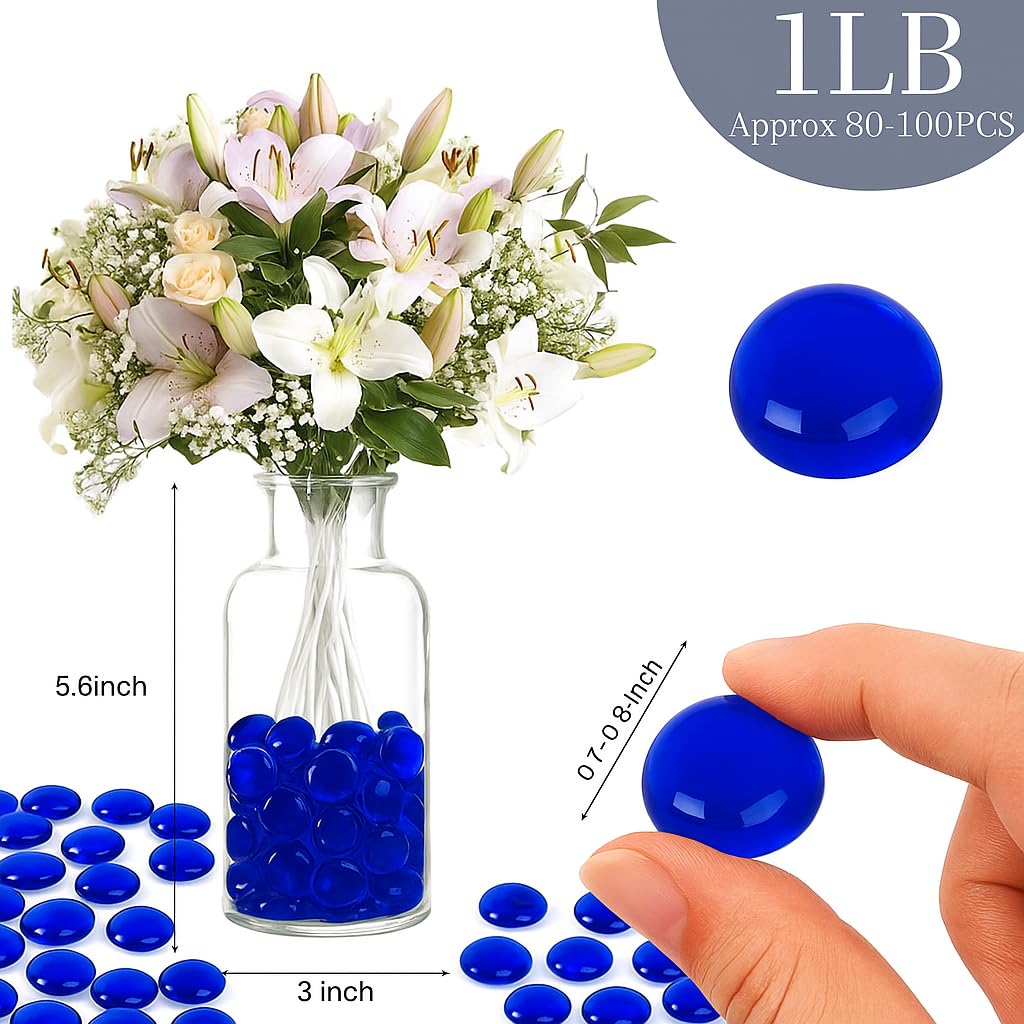 ARSUK 1LB de galets en verre plat bleu, perles pour vase de remplissage – Pierres précieuses en verre décoratives pour pierres de remplissage de vase, roches d’aquarium, loisirs créatifs, décoration