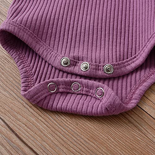 Kulcerry Newborn Infant Baby Girl Clothes Solid Color Ribbed Long Sleeve Romper Pants Headband Outfits Set4