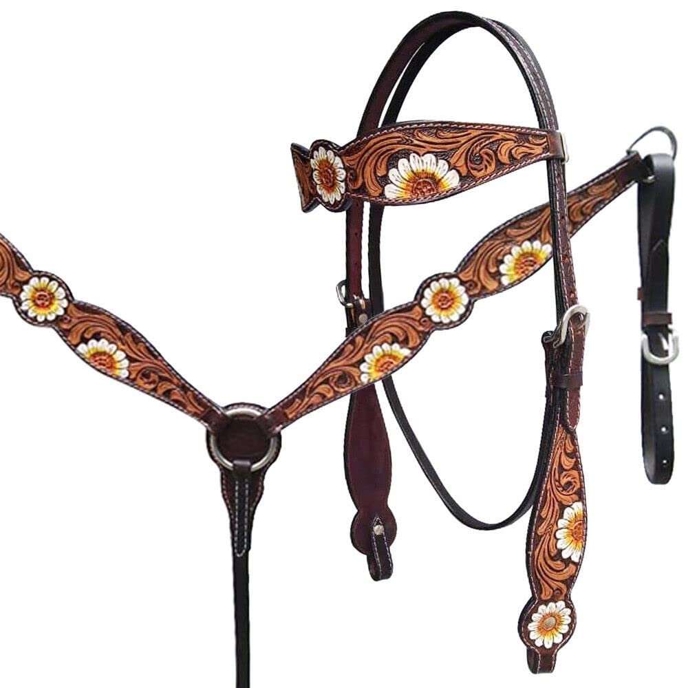 Western Horse Headstall Breast Collar Tack Set Pelle Floreale Tooled Fatto a Mano Pieno Cob Pony Pettorale ME-HBC-013 (Full)