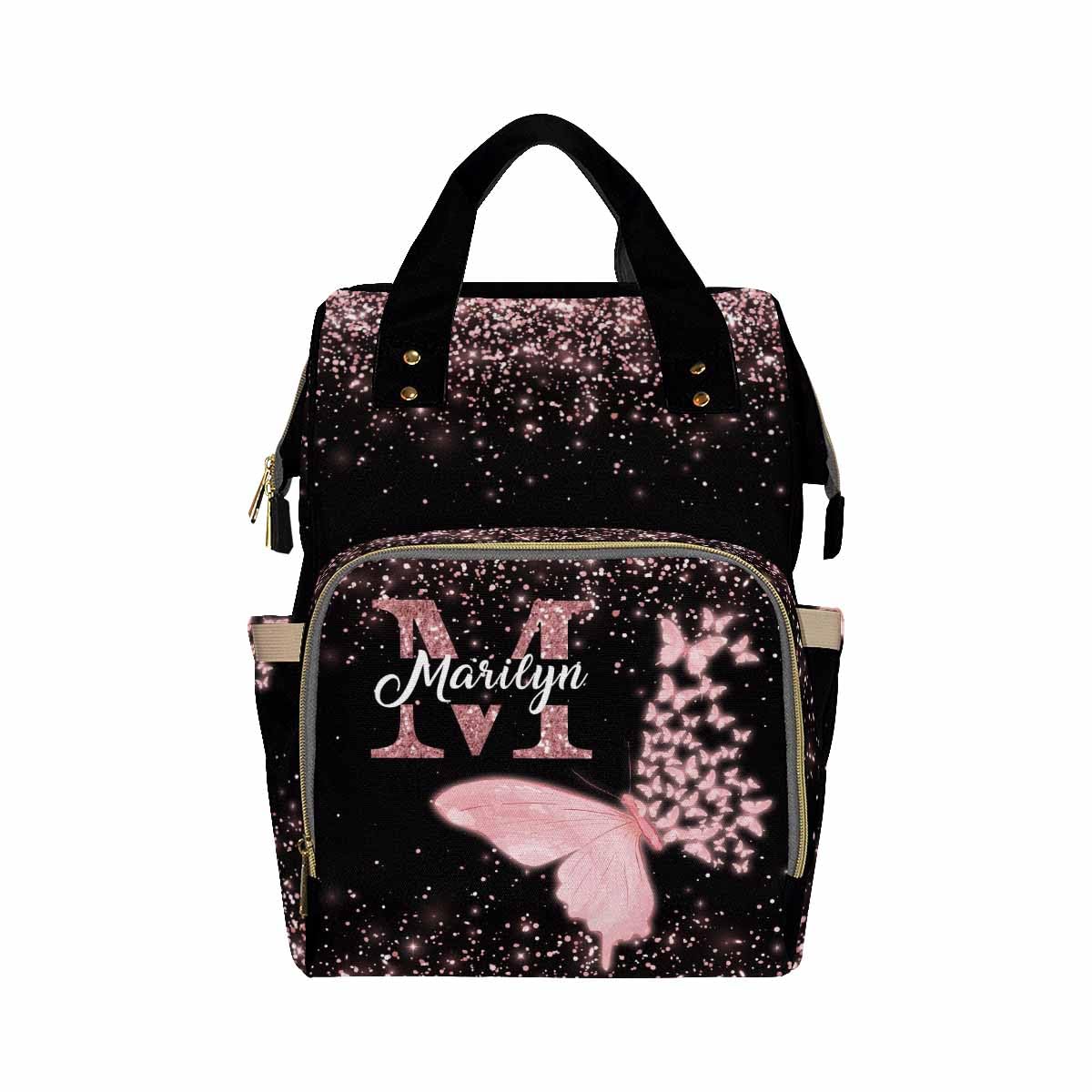 Artsadd Customized Large Capacity Diaper Bags Custom Pink Glitter Butterfly Diaper Backpack with Name Personalized Mommy Nursing Bags Casual Backpack for Women