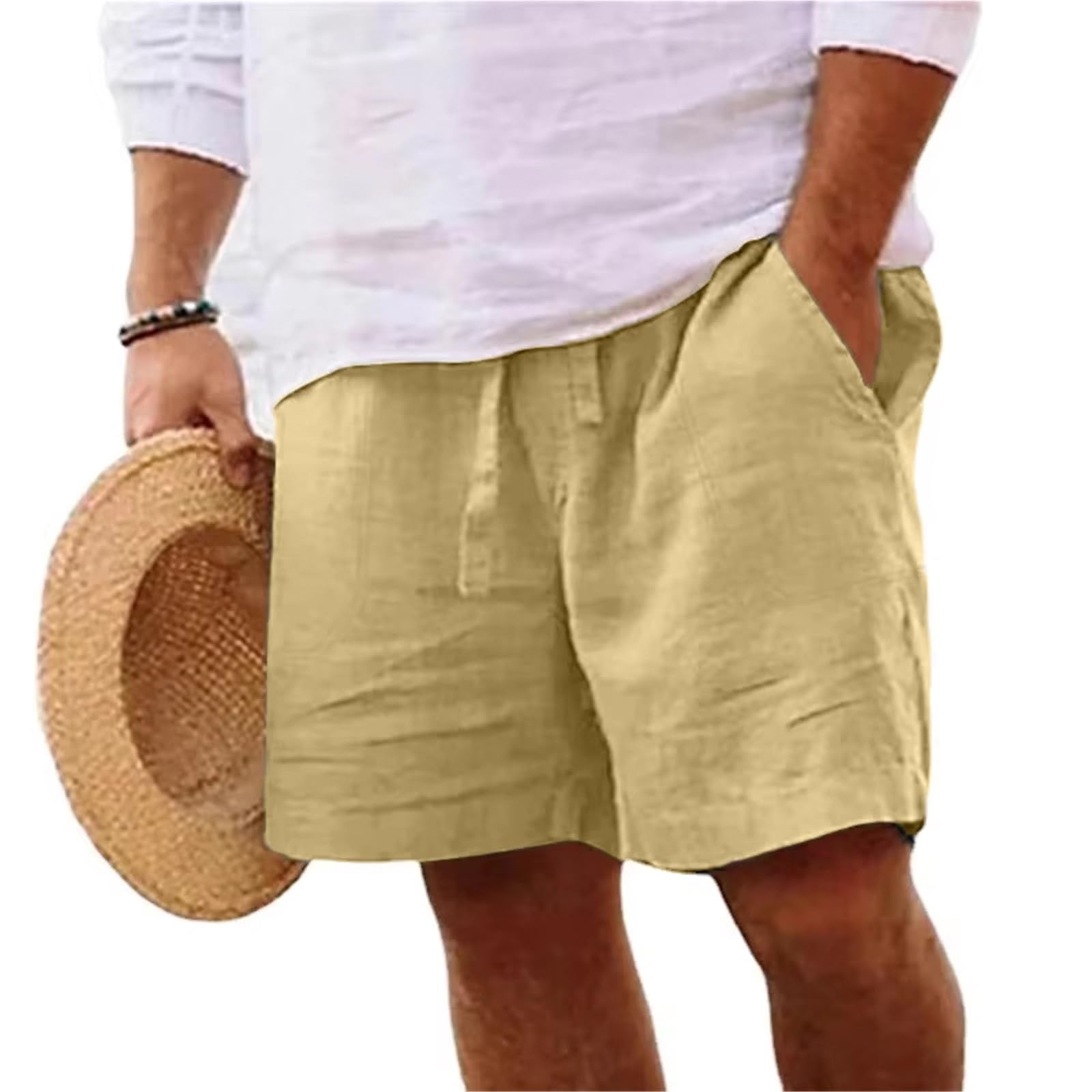 Pantaloni da Palestra Corti Leggeri in Lino Tinta Unita Estivi da Uomo, Pantaloncini da Spiaggia in Cotone, da Uomo, Fitness, Sportivi, Grandi, Traspiranti