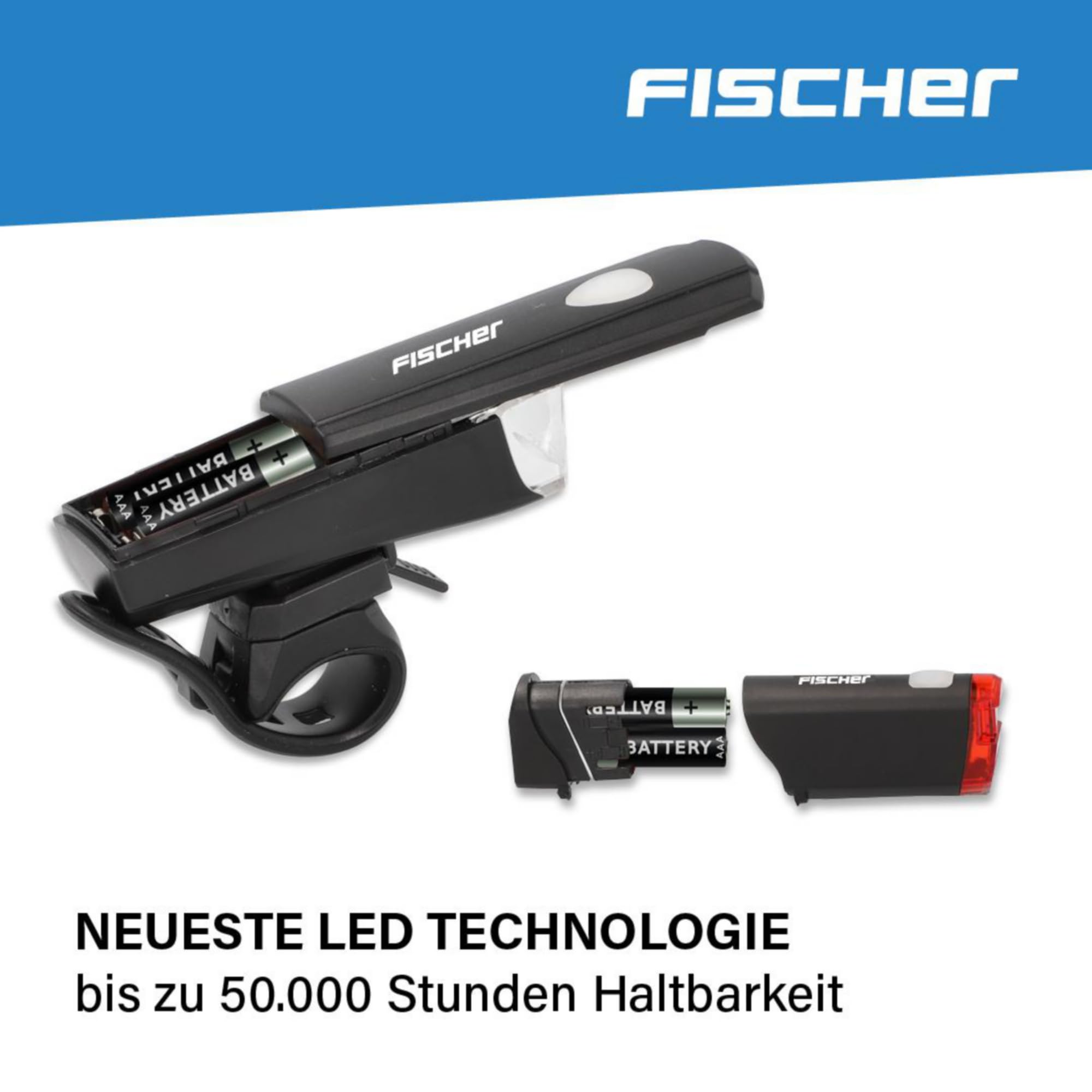 Fischer Zestaw oświetlenia LED do roweru, zestaw oświetleniowy z technologią LED, ochrona przed rozbryzgami wody, czarny, 1 sztuka